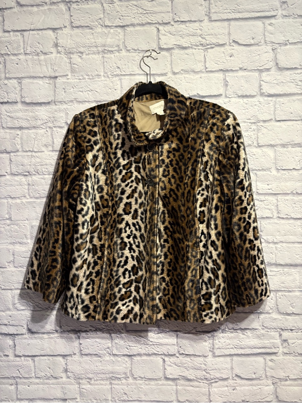 Chico's Leopard Print Faux Fur Swing Jacket Crop Sleeve Size 2 (Large)